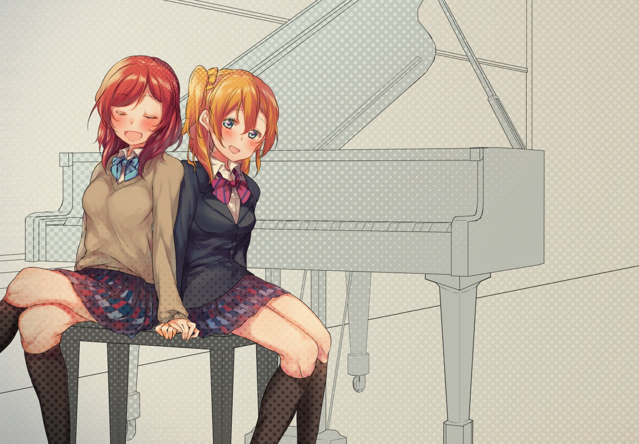 2girls, aqua_eyes, blush, breasts, brown_hair, instrument, kneehighs, kousaka_honoka, love_live!_school_idol_project, miseo_(mrkglove), nishikino_maki, piano, red_hair, school_uniform, short_hair, shoujo_ai, skirt