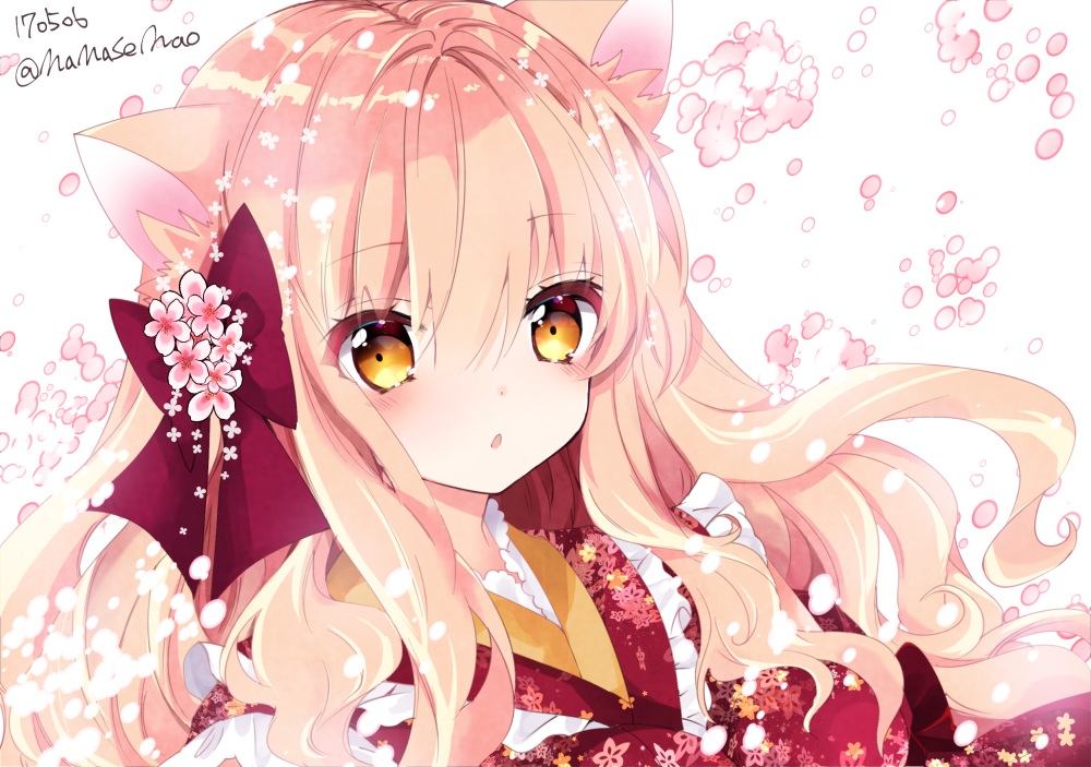animal_ears, blonde_hair, blush, boots, japanese_clothes, kimono, lolita_fashion, long_hair, nanase_kureha, nanase_nao, orange_eyes, original, signed