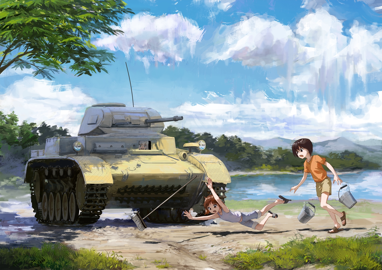 brown_eyes, brown_hair, clouds, combat_vehicle, girls_und_panzer, grass, green_eyes, itsumi_erika