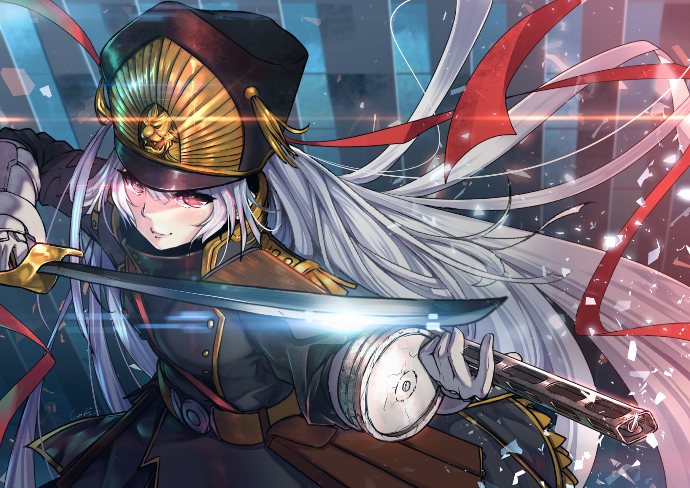 animal, gloves, gray_hair, gunpuku_no_himegimi, hat, horse, military, re:creators