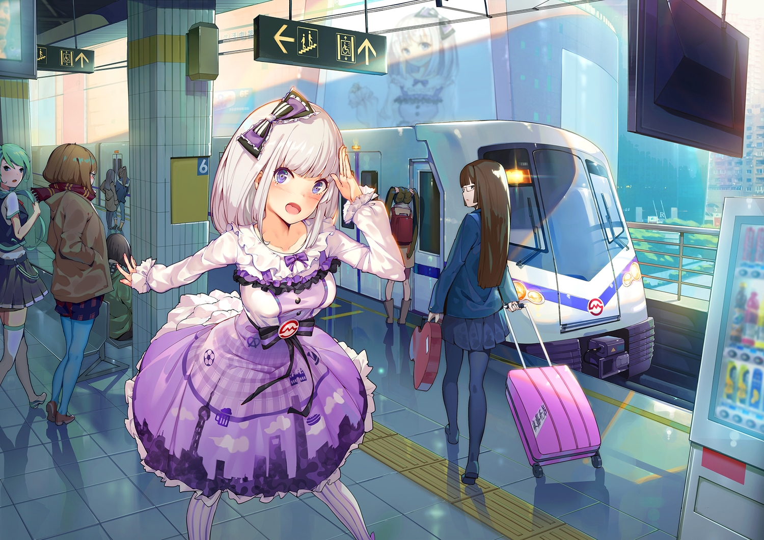 anthropomorphism, blush, bow, breasts, brown_hair, dress, glasses, gray_hair, green_eyes, green_hair, instrument, lolita_fashion, oop, pantyhose, purple_eyes, scarf, short_hair, shorts, skirt, thighhighs, train, twintails