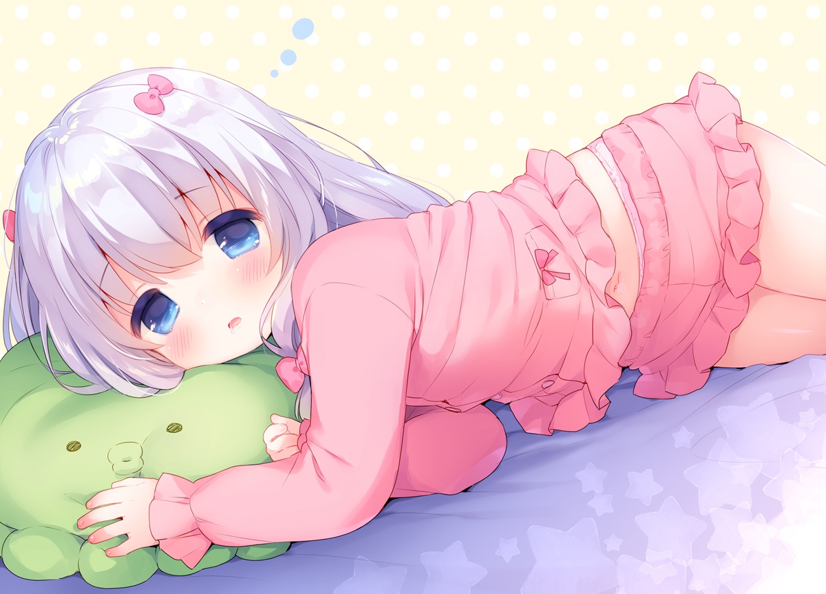 aqua_eyes, bed, blush, bow, eromanga-sensei, gray_hair, izumi_sagiri, loli