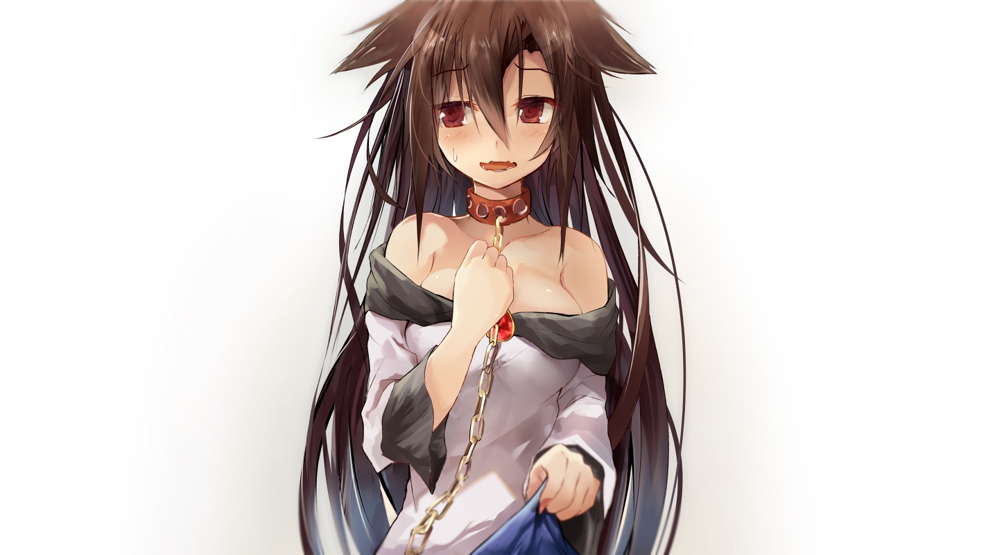 aliasing, animal_ears, blush, brown_hair, chain, collar, dress, efe, imaizumi_kagerou, long_hair, red_eyes, third-party_edit, touhou, white, wolfgirl
