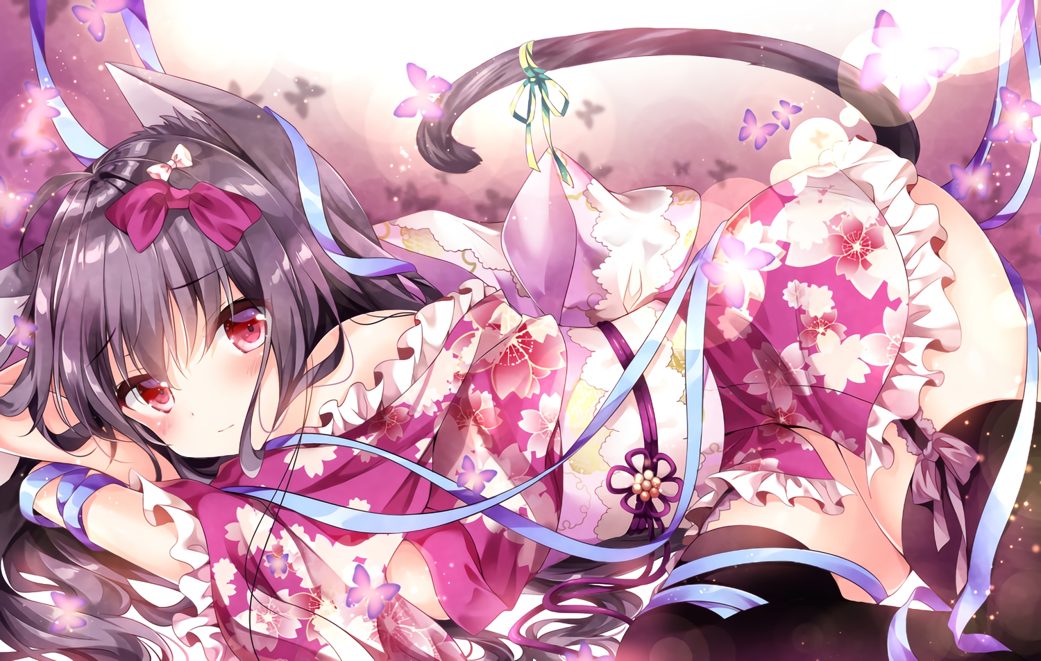 animal_ears, black_hair, blush, bow, catgirl, close, garter_belt, japanese_clothes, lolita_fashion, long_hair, nogi_takayoshi, original, red_eyes, ribbons, stockings, tail, thighhighs, waifu2x, yukata