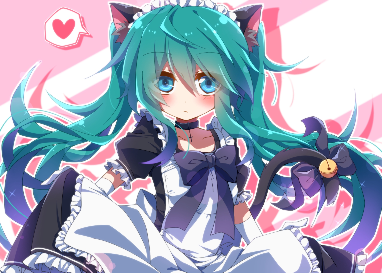 animal_ears, aosaki_yato, apron, aqua_eyes, bell, blush, bow, catgirl, collar, cross, dress, green_hair, hatsune_miku, headdress, long_hair, maid, tail, twintails, vocaloid