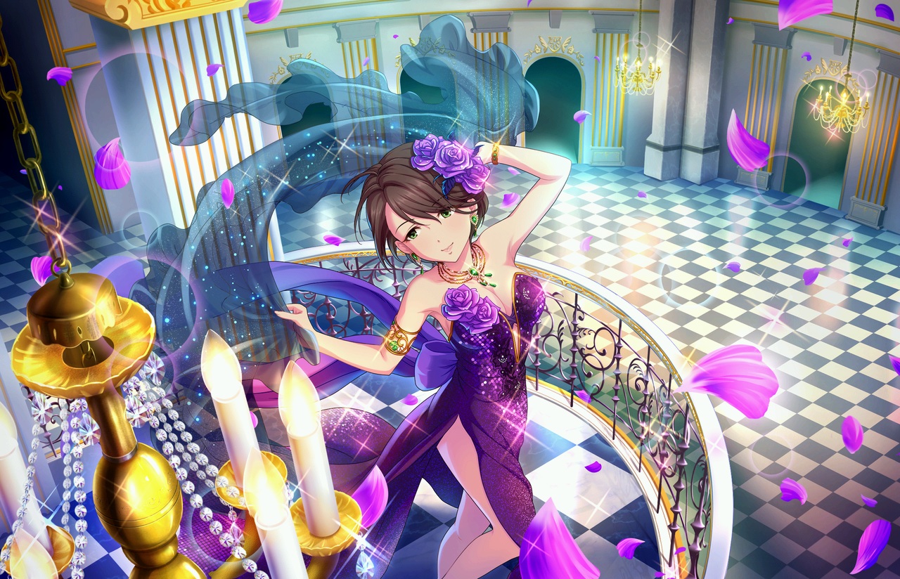 annin_doufu, breasts, brown_hair, chain, dress, fire, flowers, green_eyes