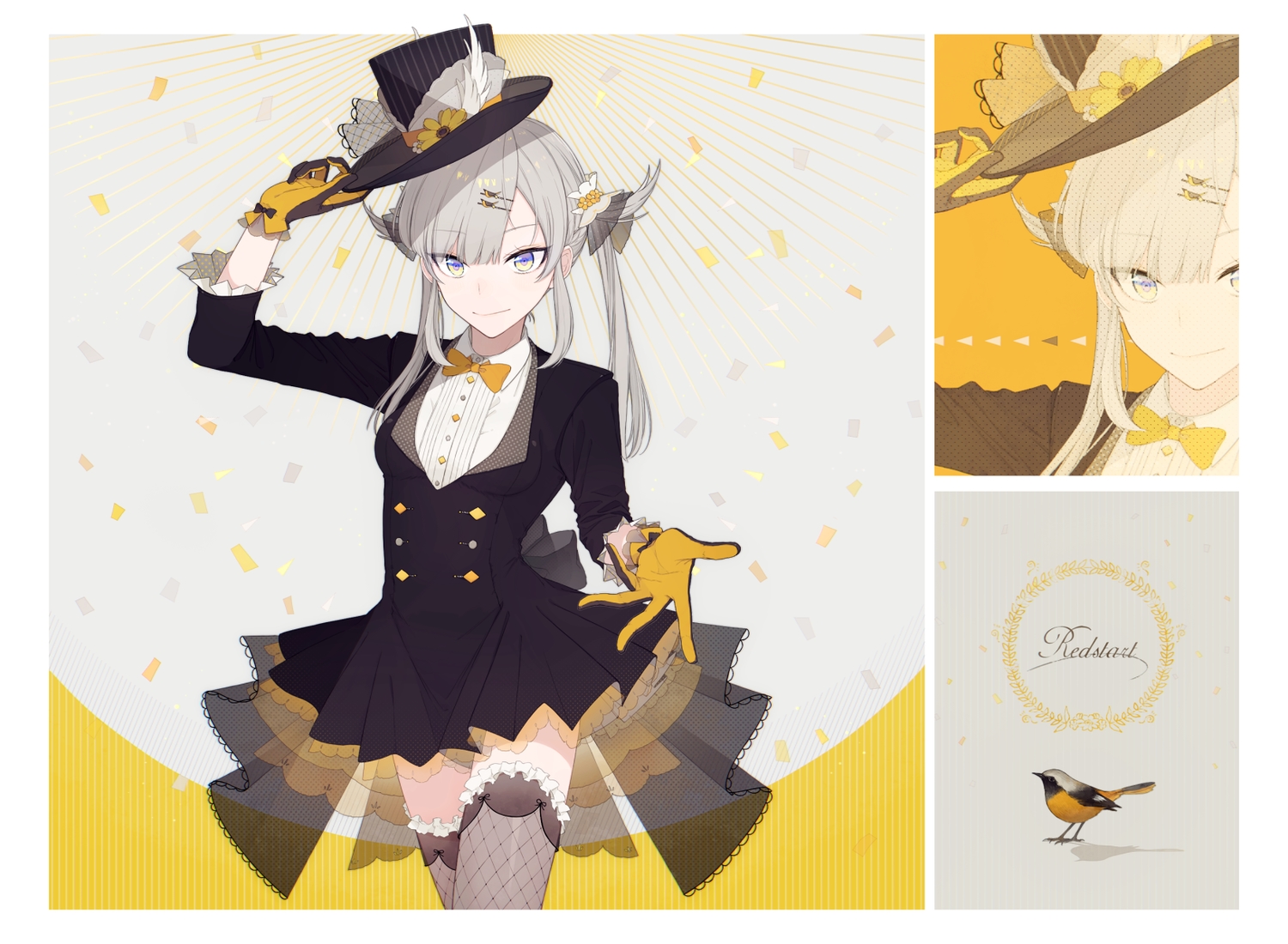 animal, bird, bow, dress, gloves, gray_hair, hat, long_hair, o-ishi, original, thighhighs, yellow_eyes, zoom_layer