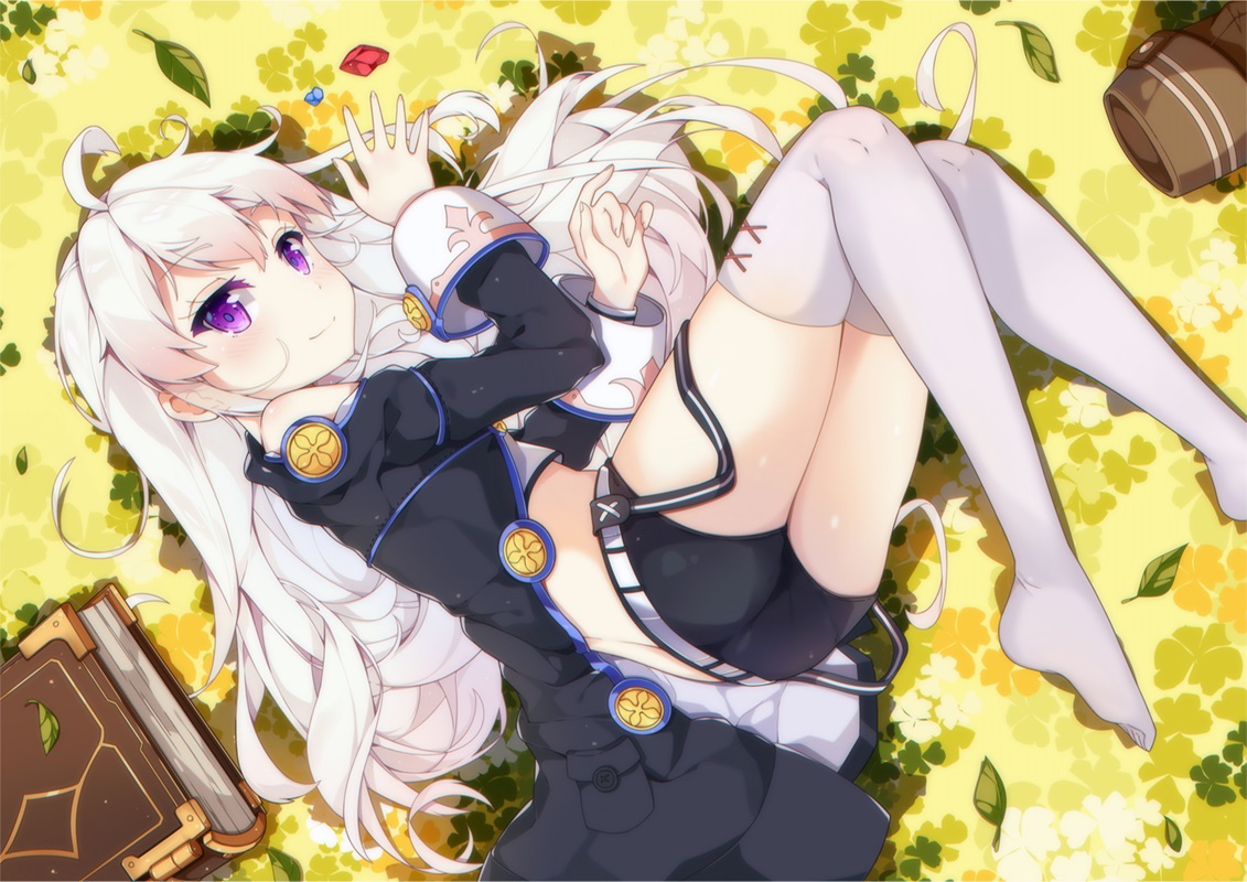 ass, book, dango_remi, long_hair, purple_eyes, shorts, thighhighs, white_hair, zero_kara_hajimeru_mahou_no_sho, zero_(zero_kara_hajimeru_mahou_no_sho)