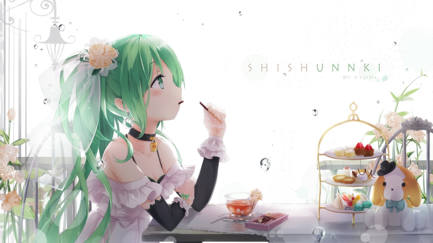 asahi_kuroi, cake, choker, drink, flowers, food, gloves, green_hair, hatsune_miku, headdress, long_hair, necklace, pocky, ponytail, vocaloid, water, watermark