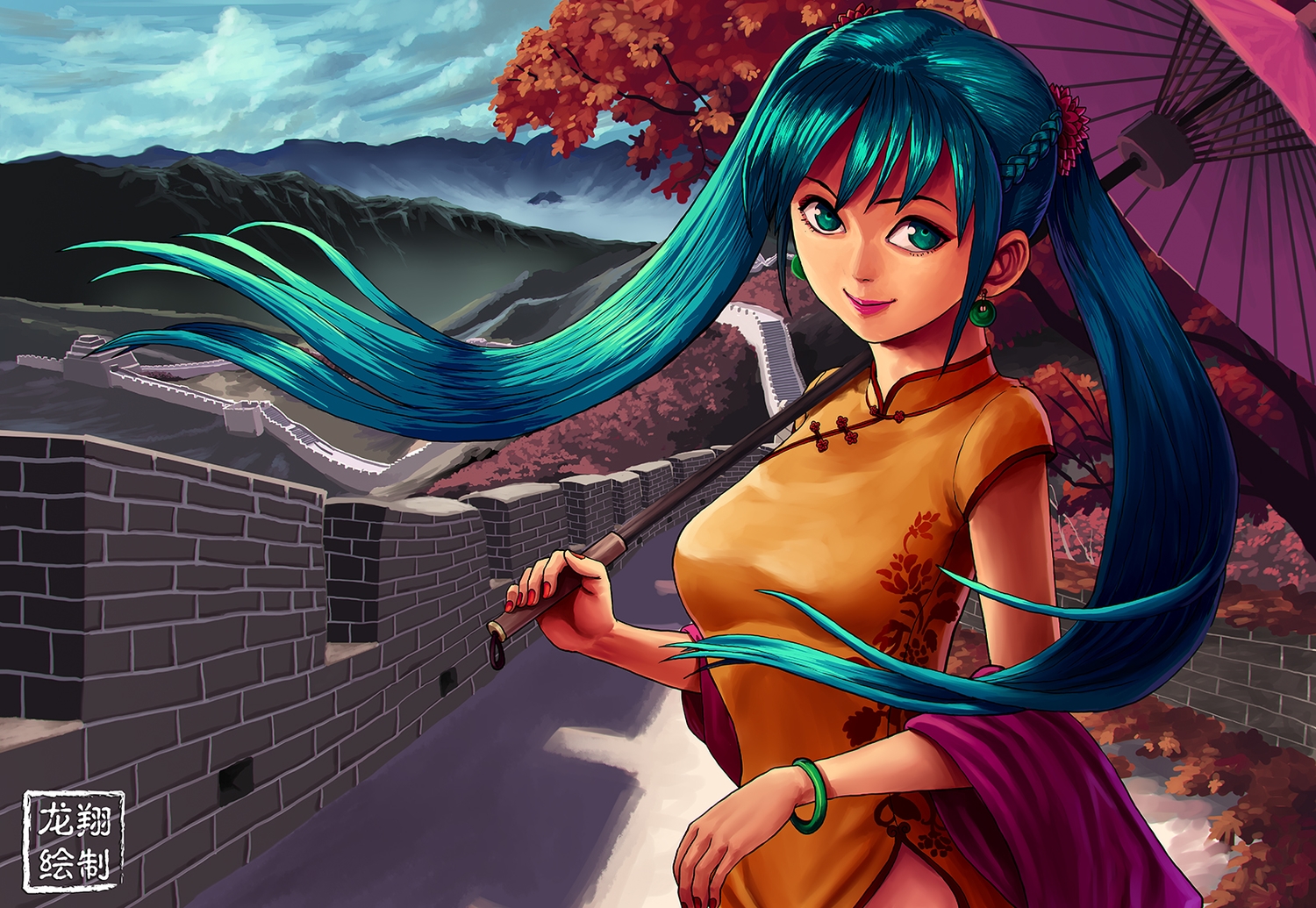 blue_eyes, blue_hair, chinese_clothes, chinese_dress, dress, hatsune_miku, ryu_shou, scenic