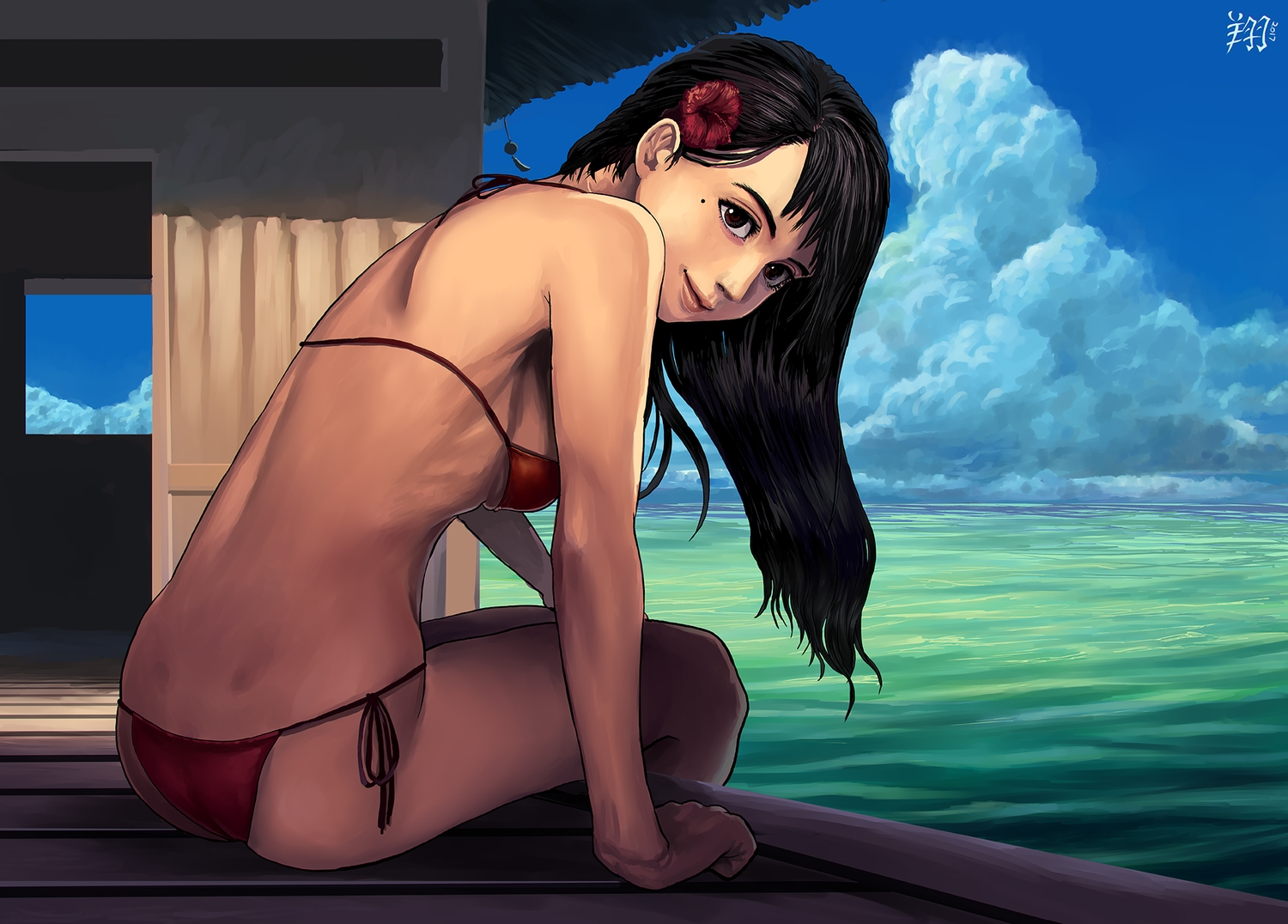 bikini, clouds, original, ryu_shou, summer, swimsuit, water