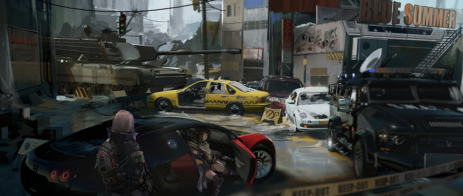 anthropomorphism, car, combat_vehicle, girls_frontline, gun, m4a1_(girls_frontline), novelance, st_ar-15_(girls_frontline)