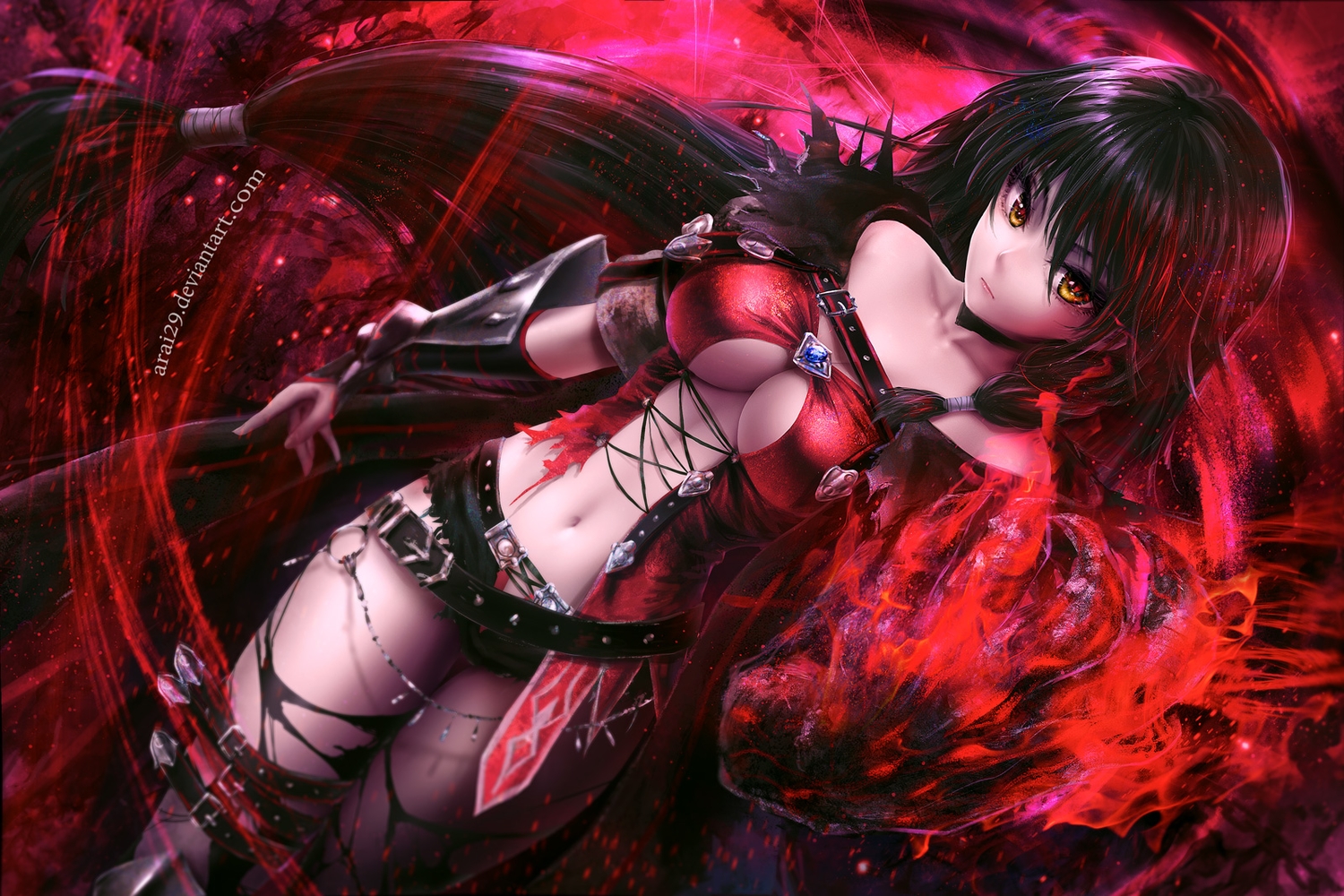 banana_nagi, black_hair, boots, breasts, long_hair, navel, orange_eyes, shorts, tales_of_berseria, velvet_crowe, watermark