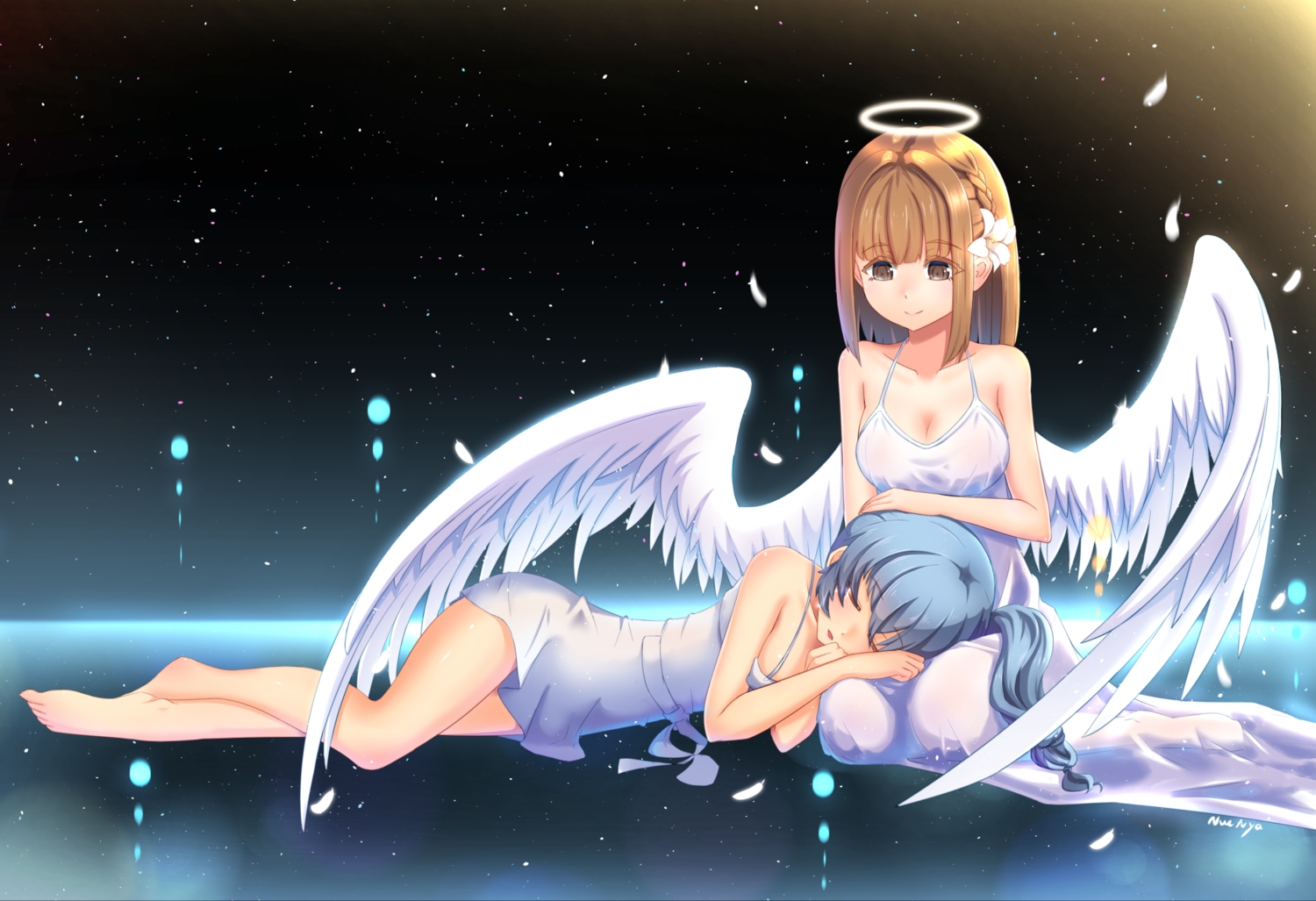 2girls, angel, barefoot, blue_hair, braids, breasts, brown_eyes, brown_hair, dress, flowers, halo, long_hair, nuenya, petals, see_through, signed, sleeping, wings