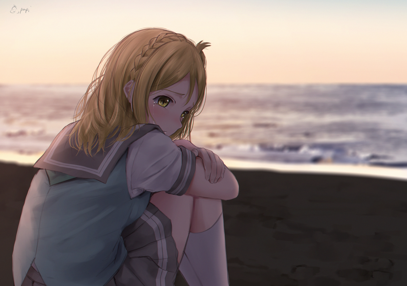 beach, blonde_hair, braids, kneehighs, love_live!_school_idol_project, love_live!_sunshine!!, ohara_mari, papi_(papiron100)
