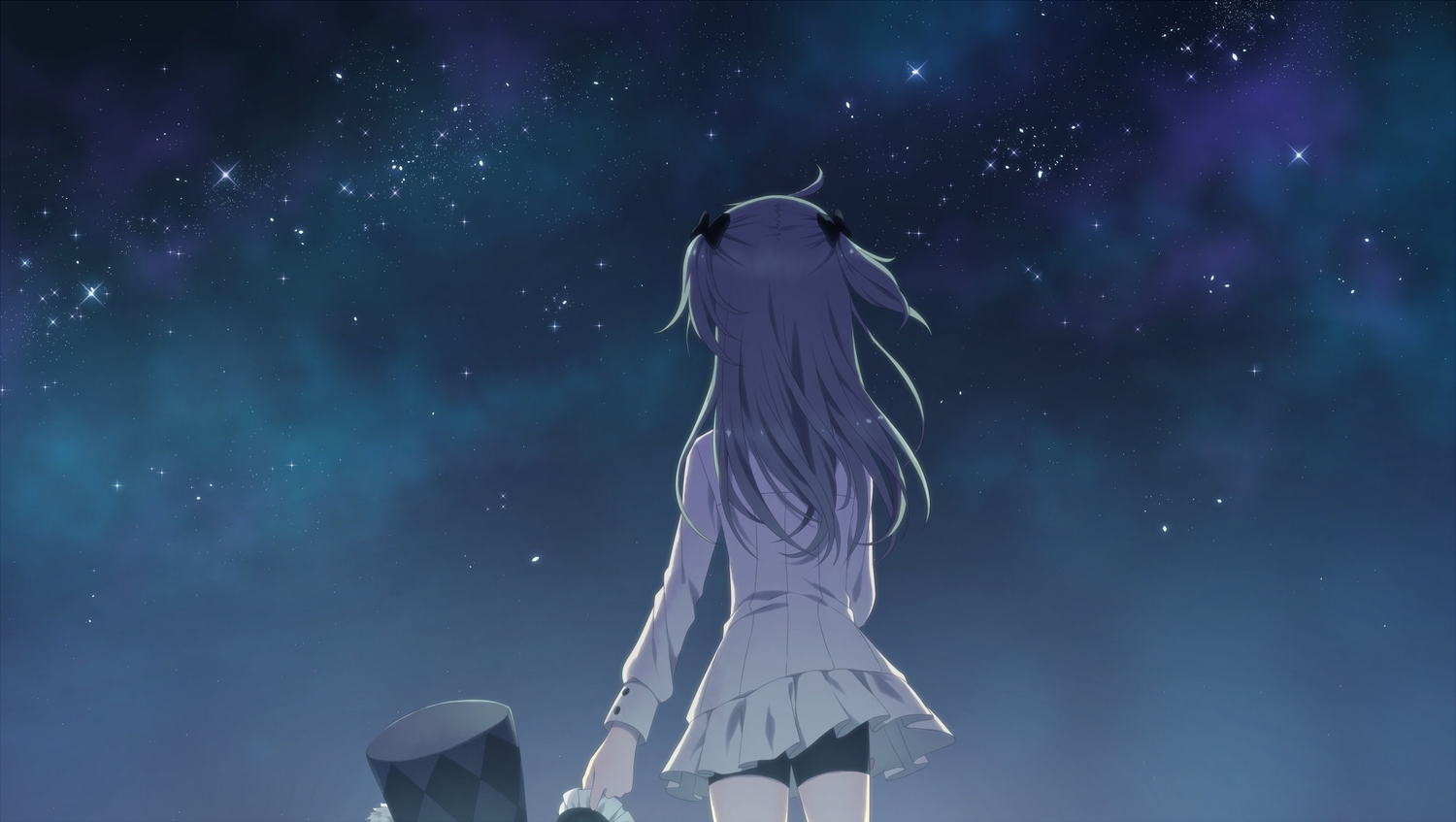 dress, gray_hair, hat, long_hair, re_moyo, sky, stars