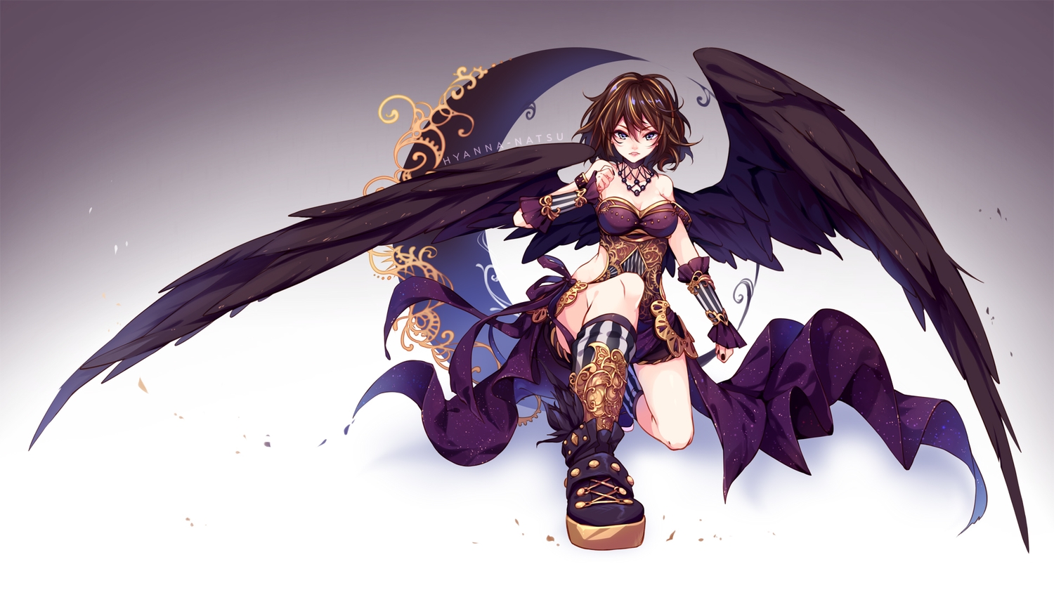 angel, boots, breasts, brown_hair, cleavage, gradient, hyanna-natsu, kneehighs