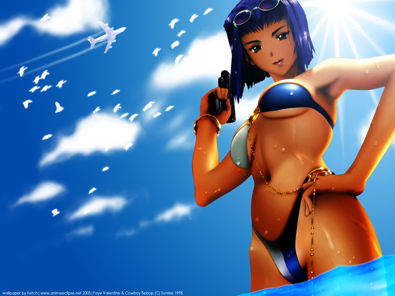 bikini, cowboy_bebop, faye_valentine, green_eyes, gun, purple_hair, swimsuit, weapon