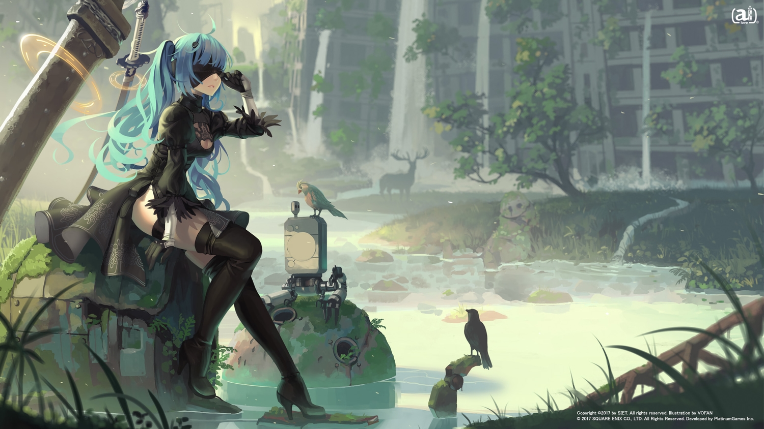 ai-chan_(playstation), animal, aqua_hair, bird, blindfold, breasts, building, cosplay, dress, gloves, long_hair, nier, nier:_automata, pod_(nier:_automata), ruins, sword, thighhighs, twintails, vofan, water, watermark, weapon