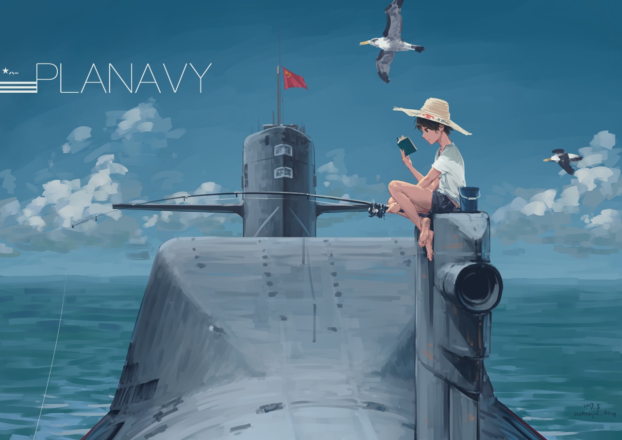 animal, barefoot, bird, black_eyes, black_hair, clouds, combat_vehicle, hallelujah_zeng
