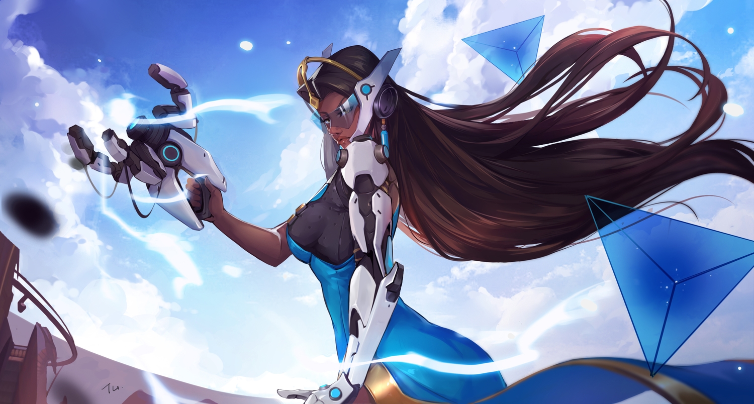 brown_hair, dark_skin, goggles, gun, long_hair, necklace, overwatch, signed