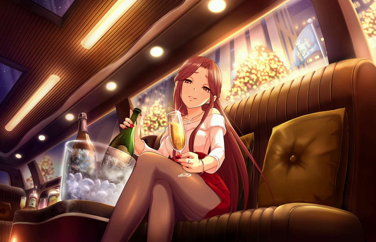 annin_doufu, brown_eyes, brown_hair, building, car, city, drink, idolmaster, idolmaster_cinderella_girls, idolmaster_cinderella_girls_starlight_stage, long_hair, necklace, pantyhose, wristwear, zaizen_tokiko