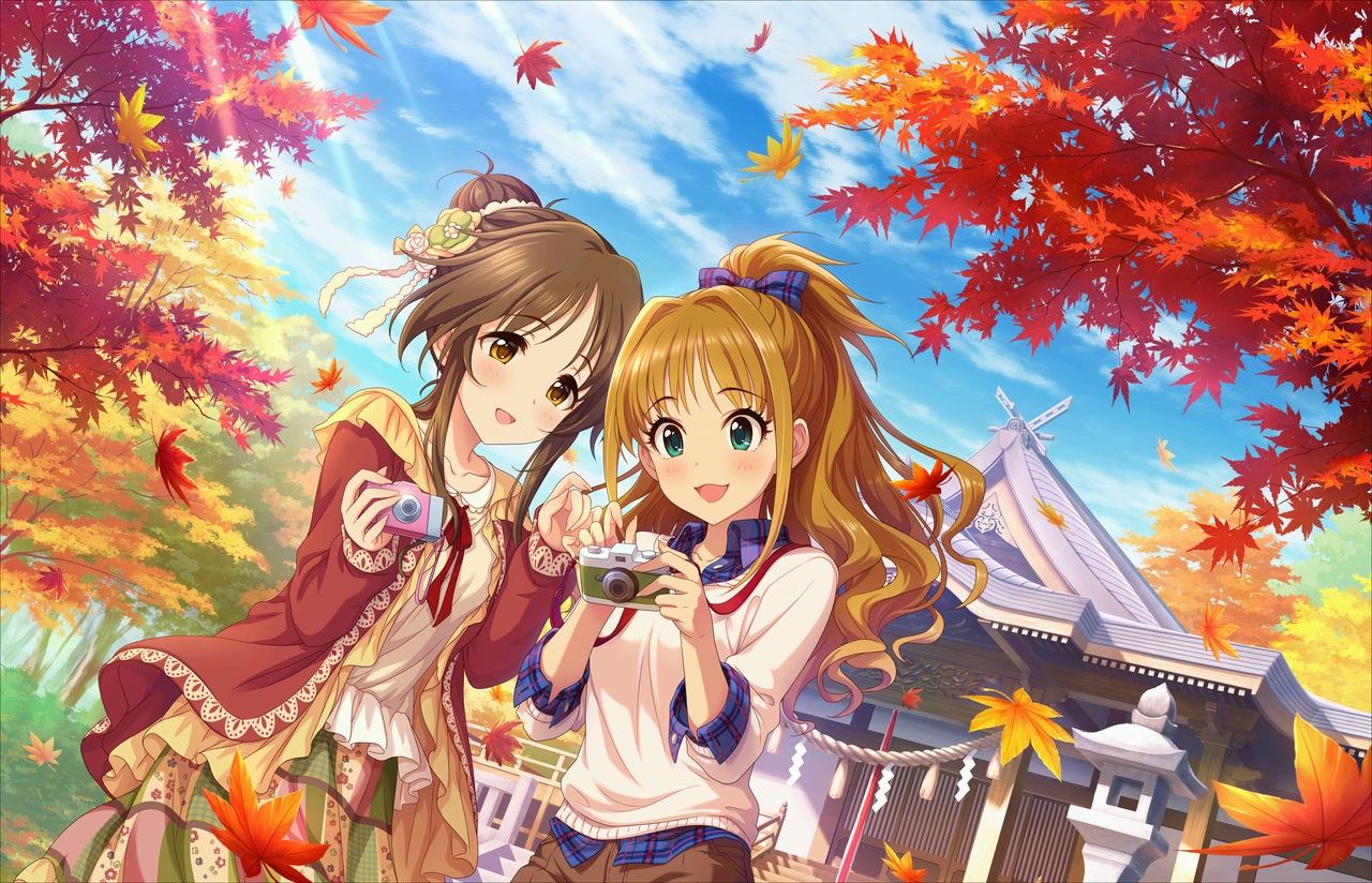 2girls, annin_doufu, autumn, bow, brown_eyes, brown_hair, building, camera