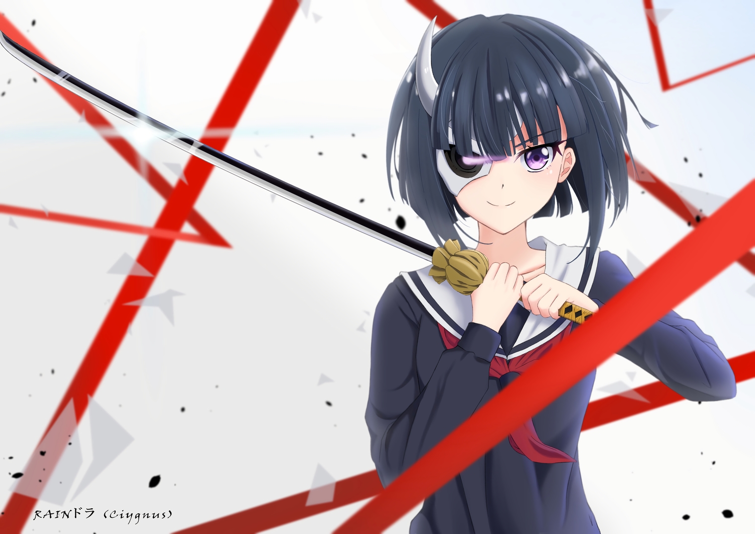black_hair, busou_shoujo_machiavellism, onigawara_rin, purple_eyes, school_uniform, short_hair, sword, tagme_(artist)