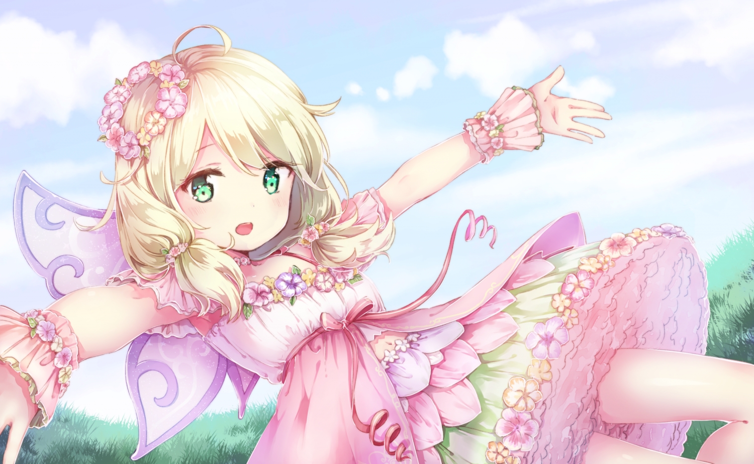 blonde_hair, clouds, dress, grass, green_eyes, idolmaster, idolmaster_cinderella_girls, loli, ribbons, short_hair, sky, todo-akira, twintails, wings, yusa_kozue