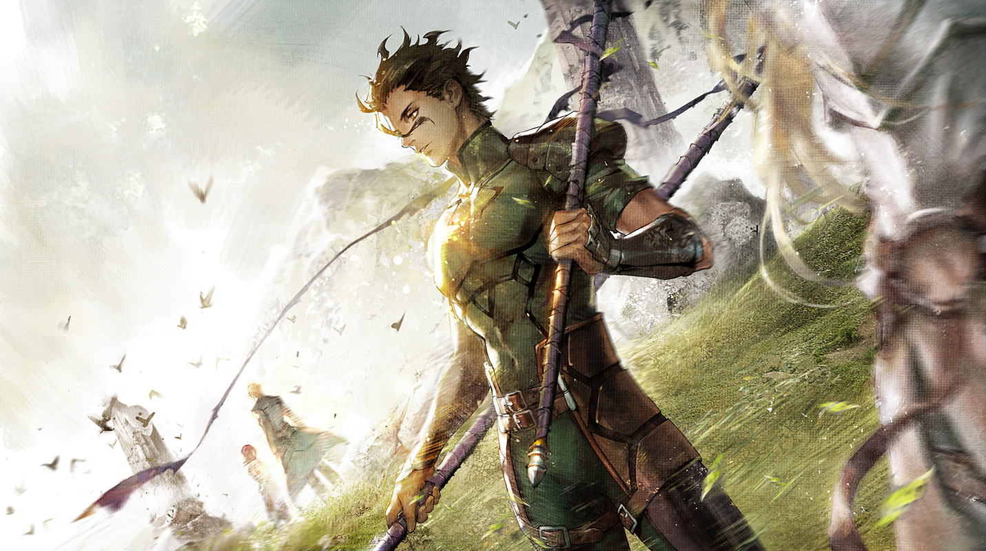 all_male, animal, bird, black_hair, diarmuid_ua_duibhne_(fate), fate_(series), fate/stay_night, fate/zero, kayneth_archibald_el-melloi, male, short_hair, weapon, xiling, yellow_eyes