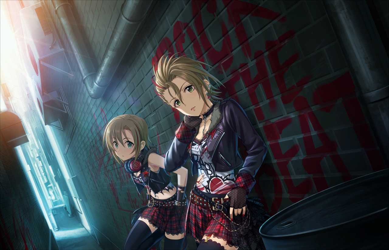 2girls, annin_doufu, brown_hair, garter_belt, gloves, graffiti, green_eyes, headphones