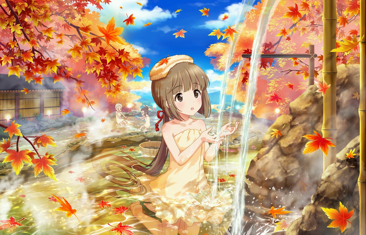 annin_doufu, autumn, barefoot, brown_eyes, brown_hair, clouds, idolmaster, idolmaster_cinderella_girls, idolmaster_cinderella_girls_starlight_stage, koseki_reina, leaves, loli, long_hair, onsen, ponytail, senzaki_ema, short_hair, sky, towel, water, yorita_yoshino