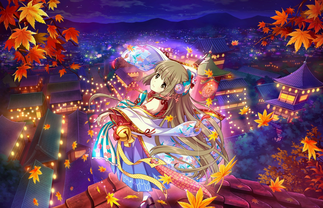 annin_doufu, autumn, bell, brown_eyes, brown_hair, building, city, idolmaster