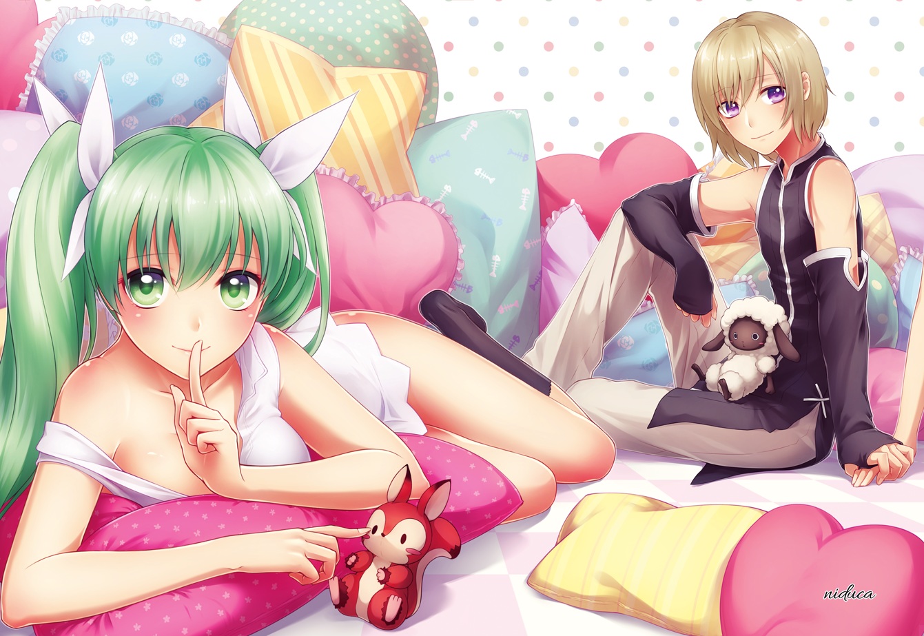 blonde_hair, breasts, elbow_gloves, frey_(rune_factory), gloves, green_eyes, green_hair, kneehighs, long_hair, male, niduca_(hio_touge), purple_eyes, rune_factory, rune_factory_4, short_hair, tagme_(character), twintails, watermark