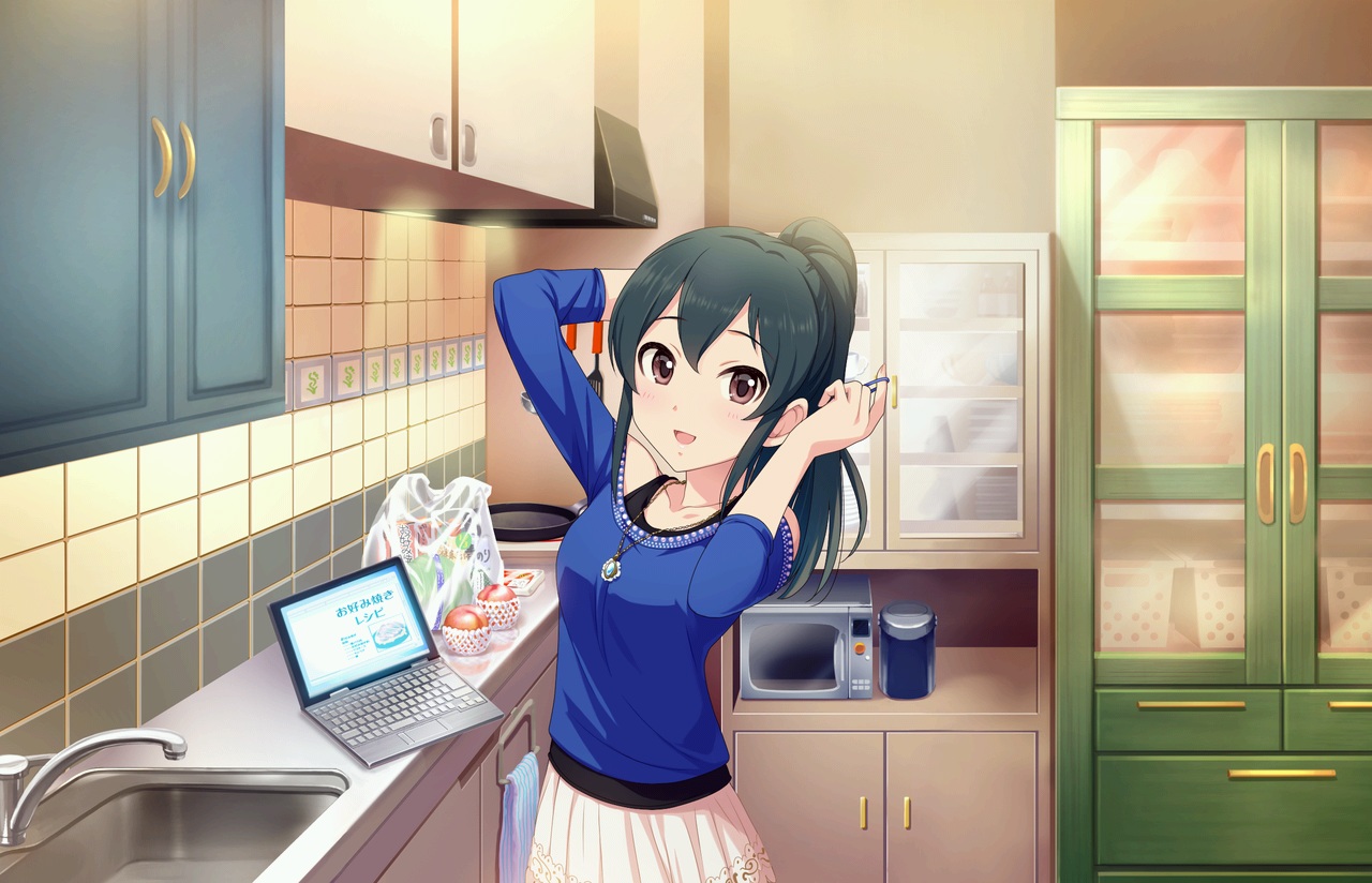 annin_doufu, brown_eyes, computer, food, fruit, green_hair, idolmaster, idolmaster_cinderella_girls, idolmaster_cinderella_girls_starlight_stage, long_hair, necklace, ohishi_izumi, ponytail, skirt
