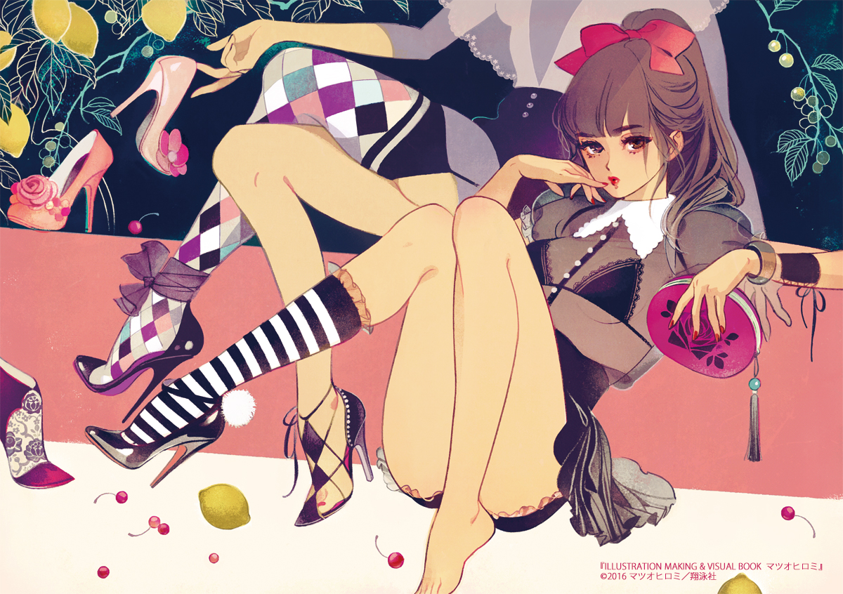 barefoot, bow, bra, dress, kneehighs, matsuo_hiromi, original, ponytail