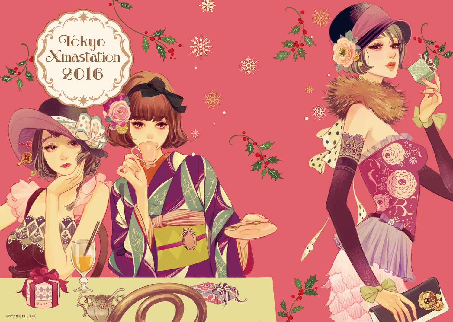 bow, christmas, drink, flowers, hat, japanese_clothes, kimono, matsuo_hiromi