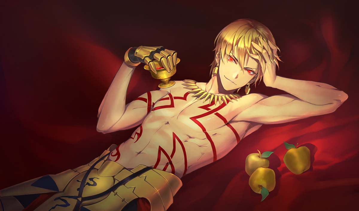 all_male, apple, armor, blonde_hair, drink, fate/grand_order, fate_(series), food, fruit, gilgamesh, gloves, male, mfcls, navel, necklace, red, red_eyes, short_hair, tattoo