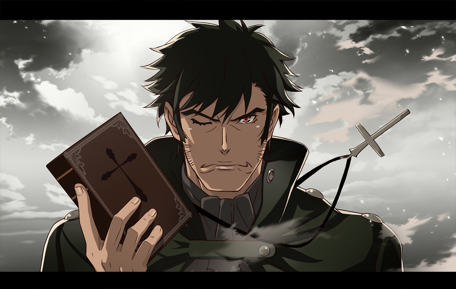 all_male, black_hair, book, clouds, cross, guillotine_cutter, kizumonogatari, male, monogatari_(series), necklace, nyoro_(nyoronyoro000), pink_eyes, short_hair, sky, waifu2x
