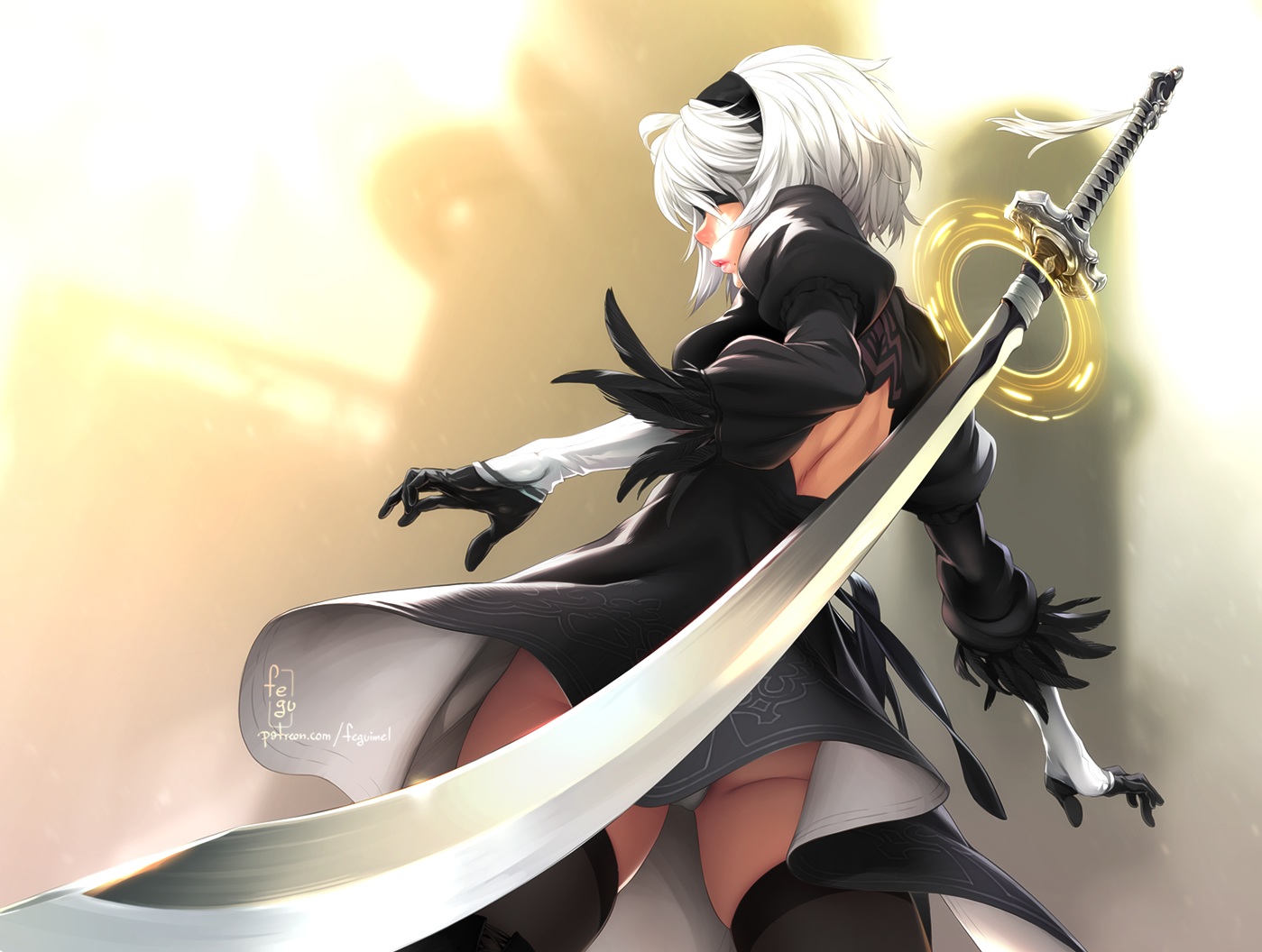 ass, blindfold, dress, elbow_gloves, feguimel, gloves, headband, katana