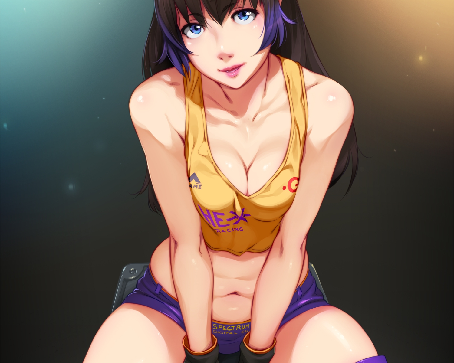 blue_eyes, breasts, cleavage, cropped, feguimel, gloves, long_hair, navel, original, shorts