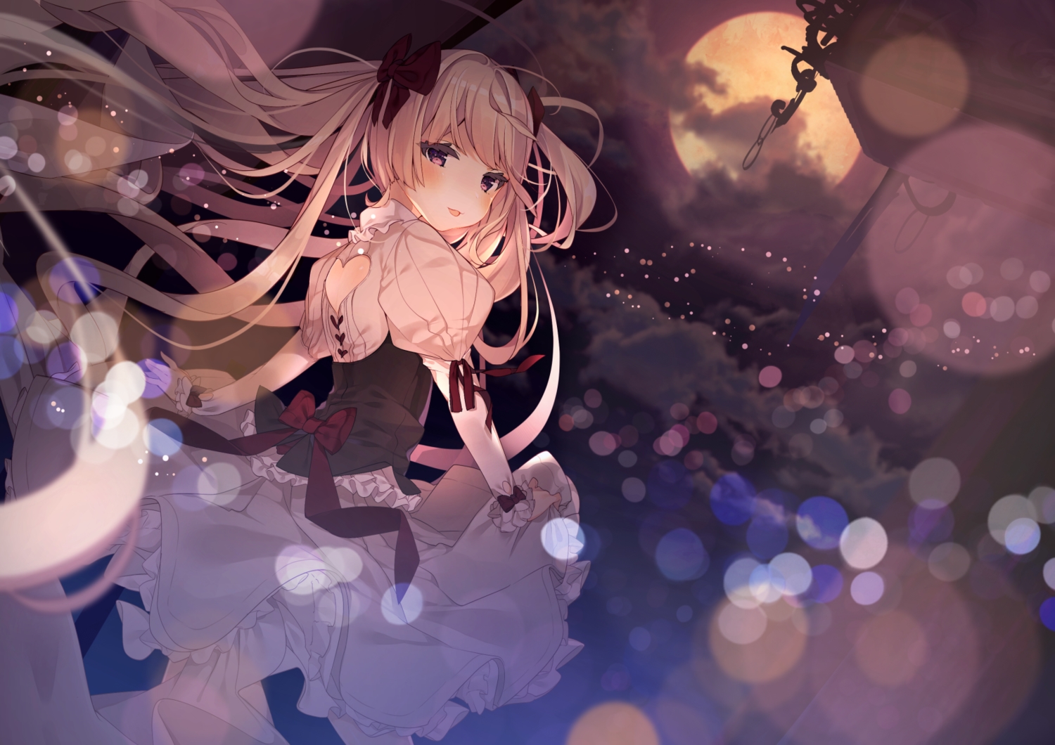 blonde_hair, bow, dress, kabako, long_hair, moon, original, pink_eyes