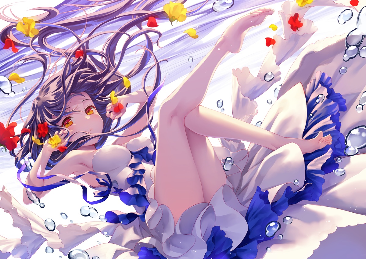 barefoot, blue_hair, breasts, dress, flowers, long_hair, ne-on, orange_eyes, original, petals, ribbons, underwater, water