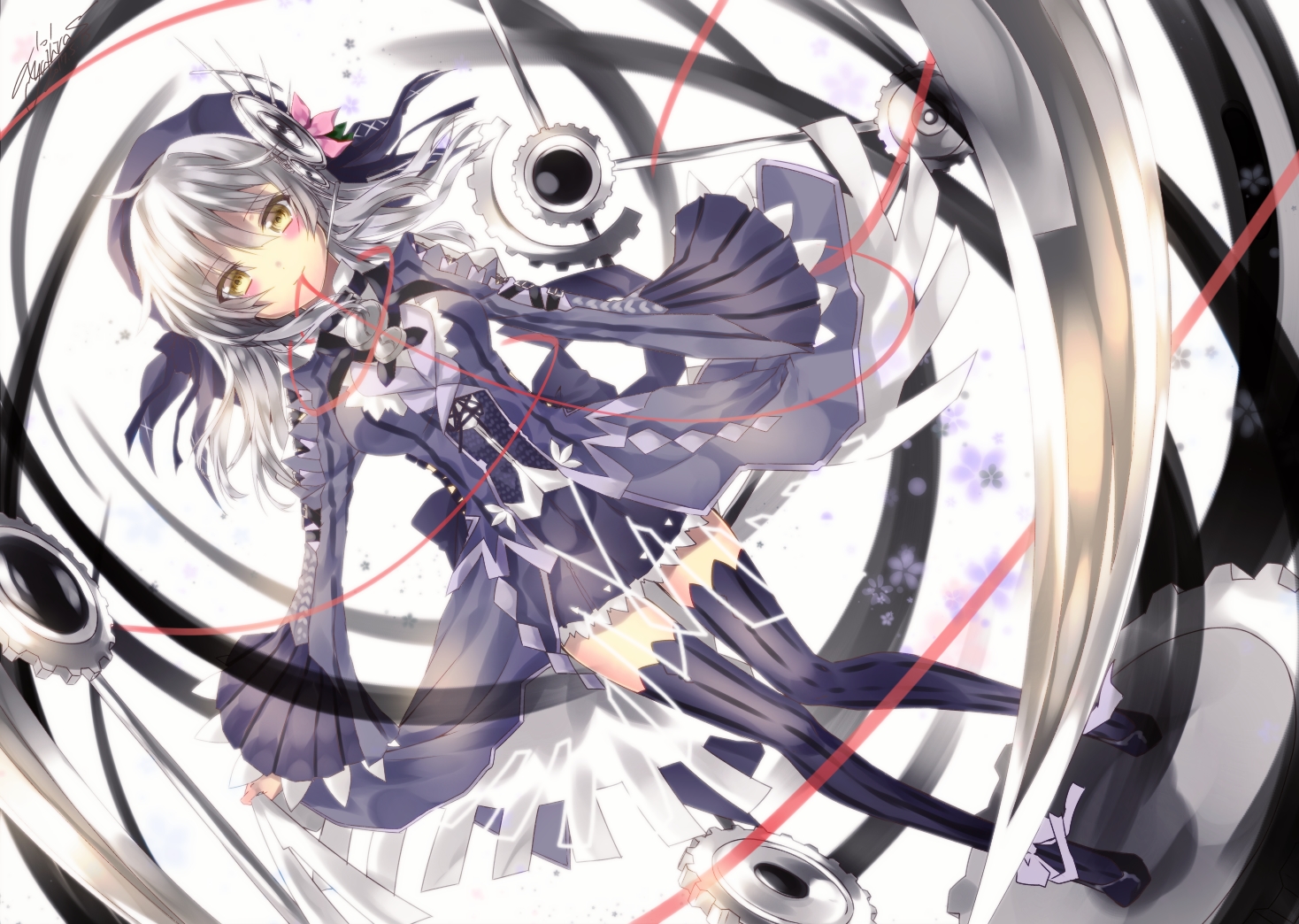 blush, clockwork_planet, dress, gray_hair, long_hair, ribbons, ryuzu_(clockwork_planet), signed