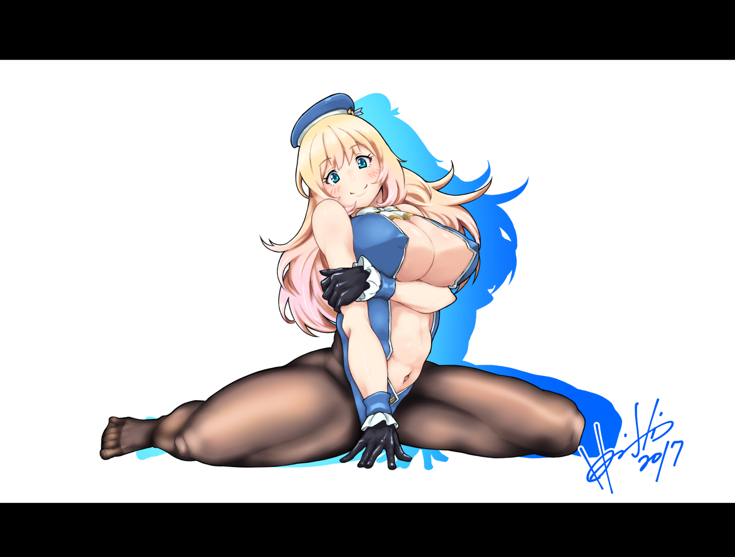 anthropomorphism, atago_(kancolle), breast_hold, erect_nipples, gloves, hori_shin, kantai_collection, pantyhose