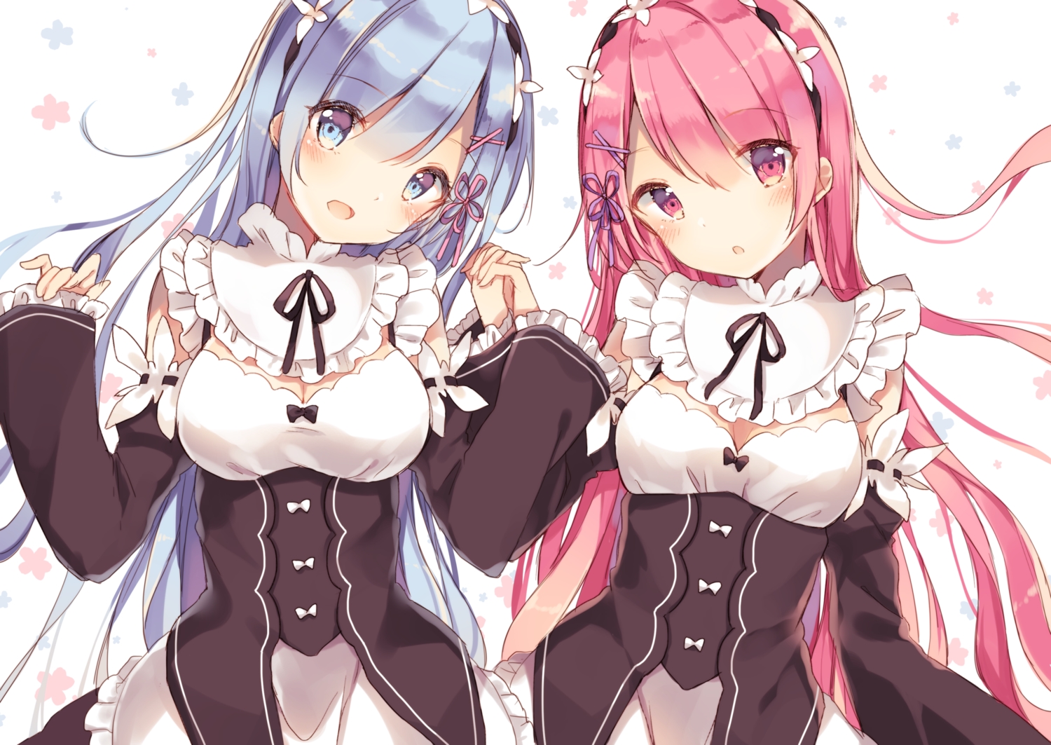 apron, aqua_eyes, aqua_hair, blush, bow, dress, headdress, long_hair, maid, pink_eyes, pink_hair, ram_(re:zero), rem_(re:zero), re:zero_kara_hajimeru_isekai_seikatsu, ribbons, shiino_sera, twins