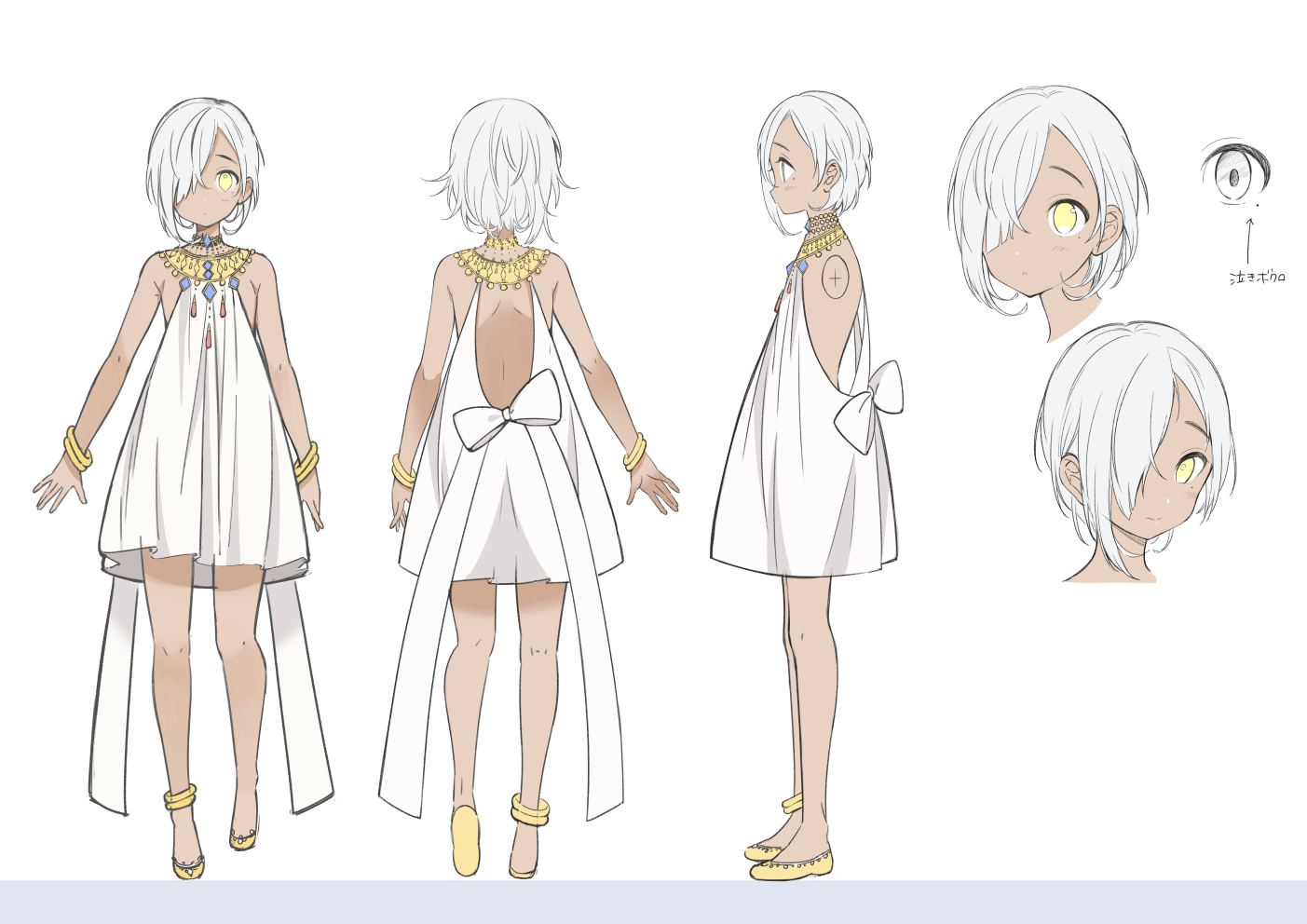 aliasing, bow, dark_skin, dress, flat_chest, gray_hair, necklace, no_bra