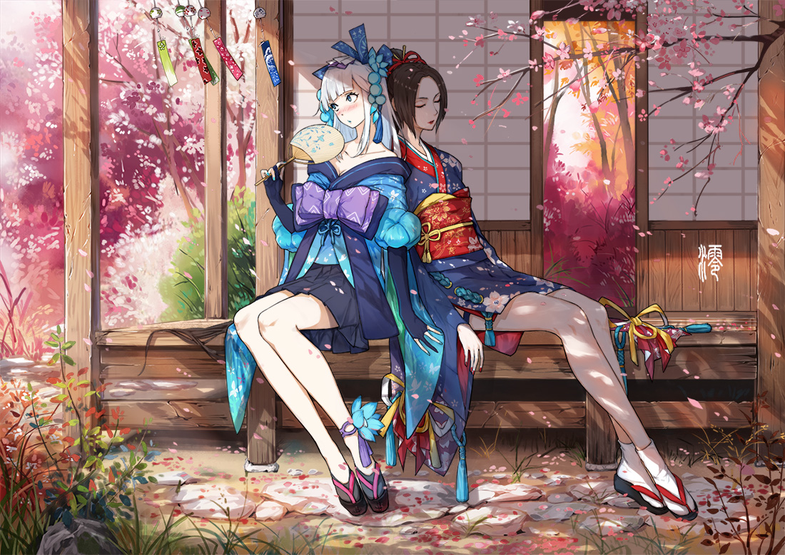 2girls, aoandon, blush, bow, brown_hair, building, elbow_gloves, fan