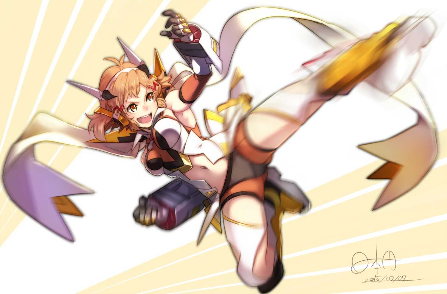 blonde_hair, hinomoto_madoka, kick, senki_zesshou_symphogear, signed, tachibana_hibiki, yellow_eyes