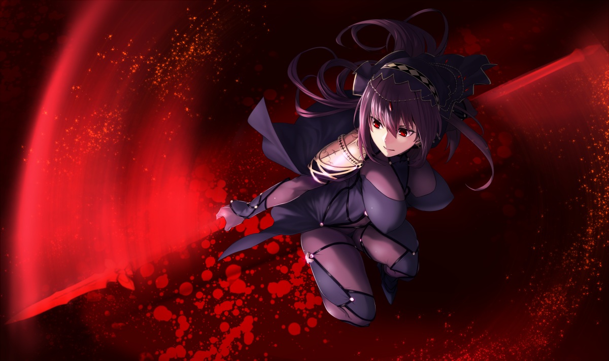 bodysuit, breasts, fate/grand_order, fate_(series), hinomoto_madoka, long_hair, purple_hair, red_eyes